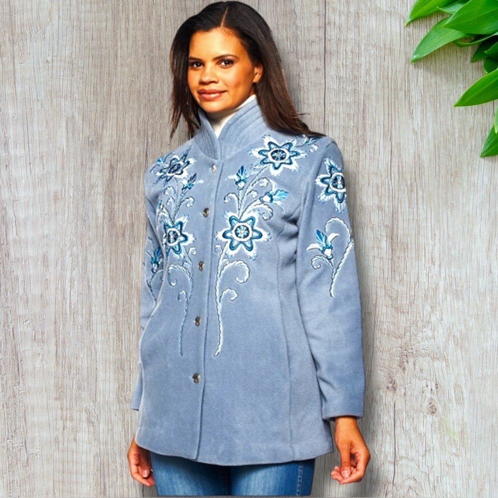 NWT Bob Mackie Wearable Art Size M Blue/Grey Fully Lined Embroidered Button Coat